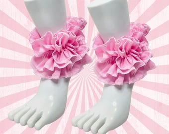 Pastel Pink Ruffle Ankle Cuff Set with White Trim Cotton Clowncore Bracelet Harlequin Accessories Jestercore Kidcore Childcore