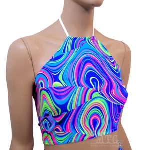 Neon Glow Worm Trippy Psychedelic UV Reactive Corset lacing adjustable size boho Rave Festival Halter Top - MTCoffinz