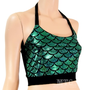 Green holographic Glitter Mermaid Costume cosplay Rave Festival Halter Top - All Sizes - MTCoffinz