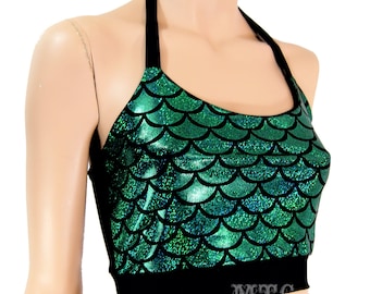 Green holographic Glitter Mermaid Costume cosplay Rave Festival Halter Top - All Sizes - MTCoffinz