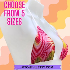 Psychedelic Print Abstract 70 Style Rave Bikini Bra Triangle Top Festival shirt - MTCoffinz