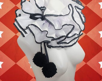 White Adult Clown Collar Clowncore Ruffle Adjustable PomPom Costume Collar Pierrot Cosplay Halloween Circus Theatrical Stage  wear Unisex