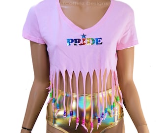 Pink Rainbow Beaded Fringe Slashed Retro 80sHolographic Pride Crop Top LGBTQ  Rave Festival Beach Coverup- Ready To Ship MTCoffinz