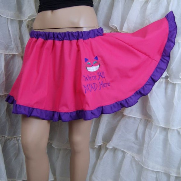 Cheshire Cat - We're All Mad Here - Embroidered Fuchsia Hot Pink Circle Skirt Adult ALL Sizes - MTCoffinz