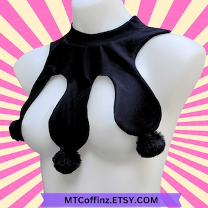 Disfraz unisex de payaso bufón arlequín de Clowncore, cuello negro con pompones peludos MTCoffinz