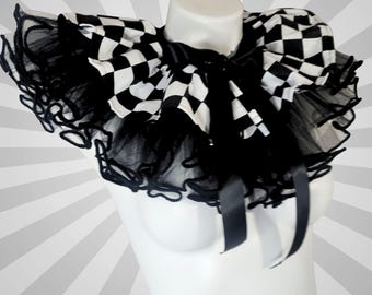 Checkerboard Black Clowncore Clown Ruff Ruffled Jester Costume Collar Pierrot Cosplay Halloween Circus Theatrical Stage wear Adult Unisex