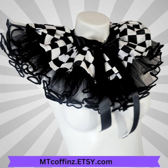 Checkerboard Black Clowncore Clown Ruff Ruffled Jester Costume Collar Pierrot Cosplay Halloween Circus Theatrical Stage wear Adult Unisex