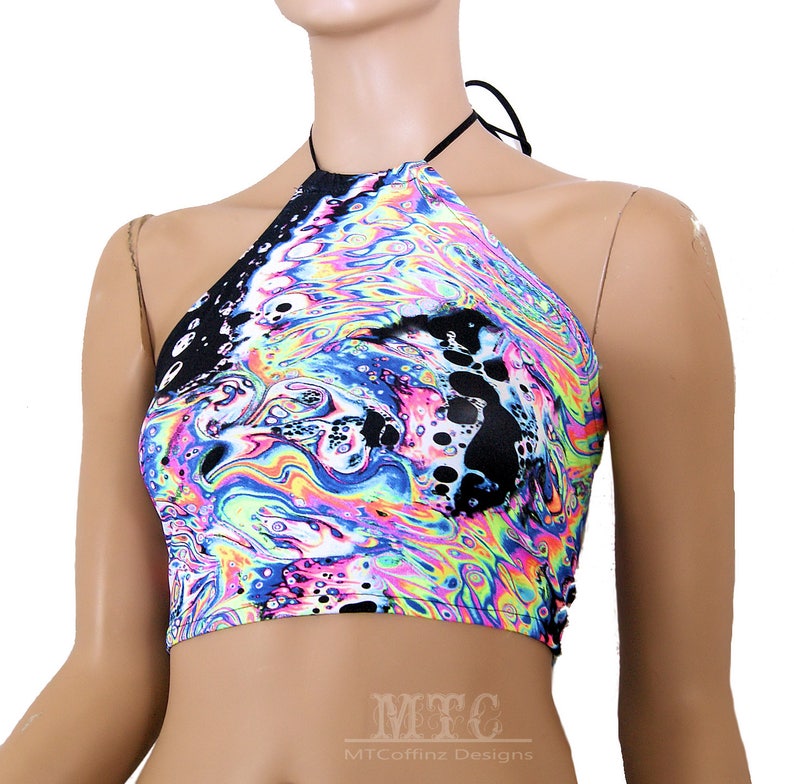 Neon Rainbow Acid Trippy Psychedelic UV Reactive Corset lacing adjustable size boho Rave Festival Halter Top Ready To Ship