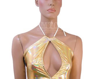 Liquid Gold Holographic Color Shifting Metallic Corset lacing adjustable size boho Rave Festival Halter Top - MTCoffinz