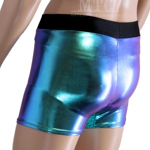 May include: Metallic blue and purple shorts with a black waistband. The shorts are made of a shiny, iridescent fabric.