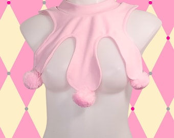 Pastel Pink Clowncore Harlequin Jester Clown Unisex Costume Cosplay Neck Black Collar with Furry PomPoms MTCoffinz