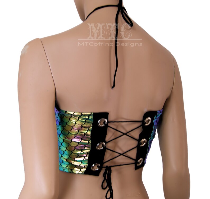 MTCoffinz Dragon Scales Peacock Blue Purple Green Gold Mermaid Scales Halter Corset lacing adjustable size boho Rave Festival Halter Top