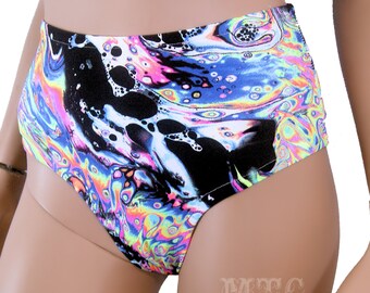 Cheeky High Waisted UV Reactive Neon Acid Print Booty Shorts Rave Shorts Swim Bottoms Bathing Suit Black Light All Sizes- MTCoffinz