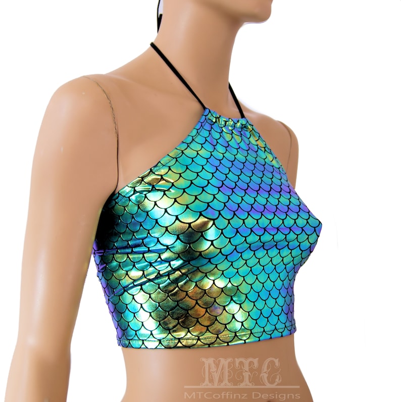 MTCoffinz Dragon Scales Peacock Blue Purple Green Gold Mermaid Scales Halter Corset lacing adjustable size boho Rave Festival Halter Top