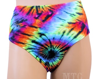 Cheeky High Waisted UV Reactive Neon Rainbow Tie Dye  Deadhead Booty Shorts Rave Shorts Swim Bottoms Bathing Suit All Sizes- MTCoffinz