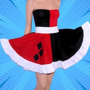 Harlequin Cosplay Costume Comic Book Jester Strapless Summer Sun Ruffle Dress Cosplay Costume Adult All Sizes MTCoffinz