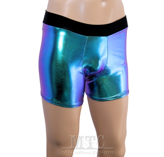 Mens Holographic Peacock Blue Green Purple Rave Shorts Booty Shorts Pole Dance Fitness Festival Outfit Man EDM MTcoffinz