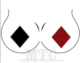 May include: A black and red diamond design on a white background. The diamonds are stylised and have a rounded shape.