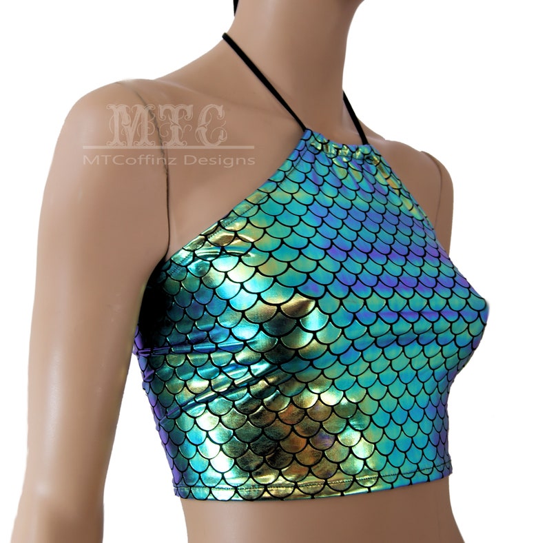 MTCoffinz Dragon Scales Peacock Blue Purple Green Gold Mermaid Scales Halter Corset lacing adjustable size boho Rave Festival Halter Top