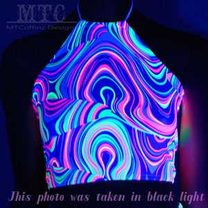Neon Glow Worm Trippy Psychedelic UV Reactive Corset lacing adjustable size boho Rave Festival Halter Top - MTCoffinz