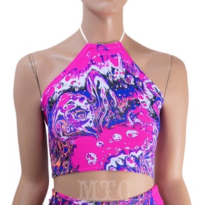 Neon Pink Acid Trippy Psychedelic UV Reactive Corset lacing adjustable size boho Rave Festival Halter Top - MTCoffinz