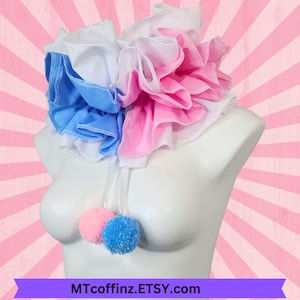 May include: A white, blue, and pink ruffled collar with two pom-poms attached to the bottom. The pom-poms are pink and blue. The collar is on a white mannequin.