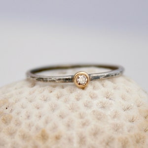 petite champagne diamond ring, mixed metal ring, silver and gold stacking ring,  Rachel Wilder Handmade Jewelery