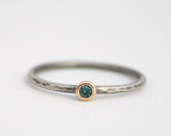 petite teal blue diamond ring, mixed metal ring, silver and gold stacking ring,  Rachel Wilder Handmade Jewelery