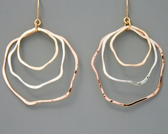 Mixed metal organic hoop earrings with yellow gold filled, rose gold filled and sterling silver, Rachel Wilder Handmade Jewelry