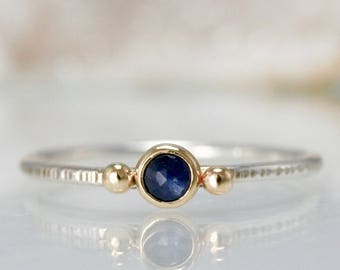 rose cut sapphire stacking ring, mixed metal stone ring, recycled gold stacking ring,  Rachel Wilder Handmade Jewelery