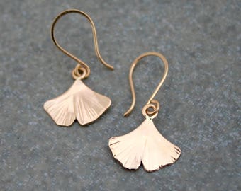 solid gold ginkgo leaf earrings, petite 14k gold leaf dangle earrings, handmade ginkgo jewelry, Rachel Wilder Handmade Jewelry