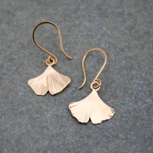 solid gold ginkgo leaf earrings, petite 14k gold leaf dangle earrings, handmade ginkgo jewelry, Rachel Wilder Handmade Jewelry