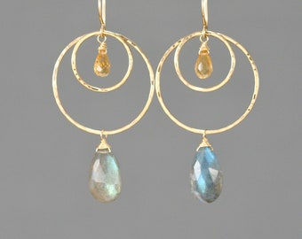 Labradorite hoop earrings, gold filled double hoops, citrine earrings,  Rachel Wilder Handmade Jewelry