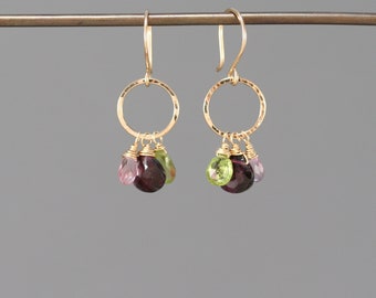 Multi gemstone earrings, gold filled hoop, deep red garnet, green peridot, pink quartz,  Rachel Wilder Handmade Jewelry