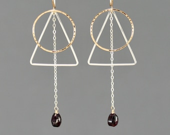 Mixed metal geometric earrings, 14k gold filled and sterling silver, Garnet, hoop triangle geometric jewelry, Rachel Wilder Handmade Jewelry