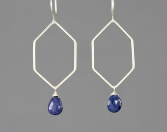 Sterling silver geometric earrings, hexagon earrings, blue sapphire earrings, Rachel Wilder Handmade Jewelry