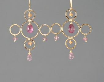 Pink sapphire earrings, gold filled quatrefoil, pink quartz, orange garnet, spessartine, ruby,  Rachel Wilder Handmade Jewelry