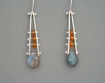 Labradorite and hessonite garnet drop earring in sterling silver, gem studded, Rachel Wilder Handmade Jewelry