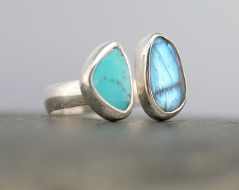 Double gemstone ring, turquoise and labradorite ring, rose cut gemstone multi stone jewelry, Rachel Wilder Handmade Jewelry