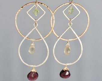 Mixed metal geometric hoop earrings, 14k gold filled and sterling silver, Garnet, peridot, citrine gemstones, Rachel Wilder Handmade Jewelry
