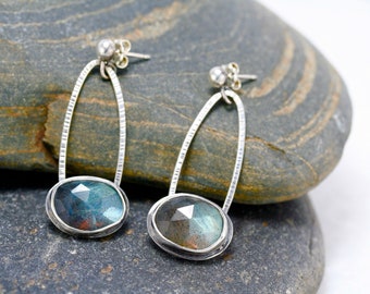 Labradorite rosecut horseshoe earrings, oxidized sterling silver drop dangle earrings, Rachel Wilder Handmade Jewelry