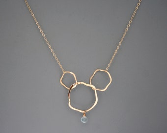 Simple three organic hoops gold filled necklace with pale blue aquamarine stone, Rachel Wilder Handmade Jewelry