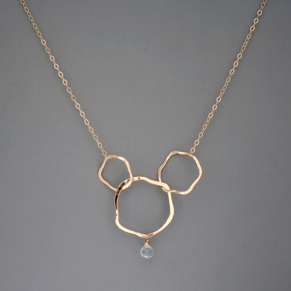 Simple three organic hoops gold filled necklace with pale blue aquamarine stone, Rachel Wilder Handmade Jewelry