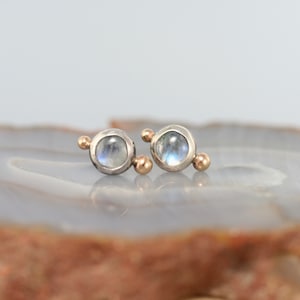 tiny moonstone stud earrings, moonstone cabochon earrings, mixed metal earrings, silver and gold dots, Rachel Wilder Handmade Jewelry