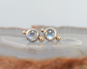 tiny moonstone stud earrings, moonstone cabochon earrings, mixed metal earrings, silver and gold dots, Rachel Wilder Handmade Jewelry