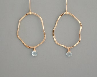 14k Gold filled or sterling silver organic hoop earrings with pale blue aquamarine stone drop, Rachel Wilder Handmade Jewelry