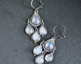 moonstone chandelier drop earrings, rose cut moonstone, mixed metal earrings sterling silver and 14k gold, Rachel Wilder Handmade Jewelry