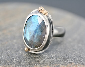 Labradorite Ring, Rose cut cabochon ring, labradorite rose cut with gold ball, Statement ring,  Rachel Wilder Handmade Jewelry