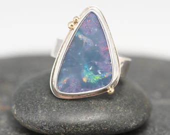 Opal cabochon ring, Large opal statement ring, blue flash rainbow opal with gold ball, mixed metal, Rachel Wilder Handmade Jewelry