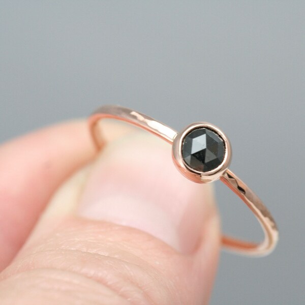 Black diamond set in rose gold, rose cut diamond stacking ring, recycled pink gold, black diamond,  Rachel Wilder Handmade Jewelry